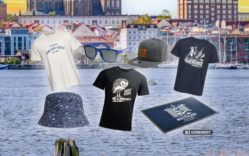 Kleidung und Accessoires vor der Rostocker Stadtkulisse mit Marienkirche und Hafen.