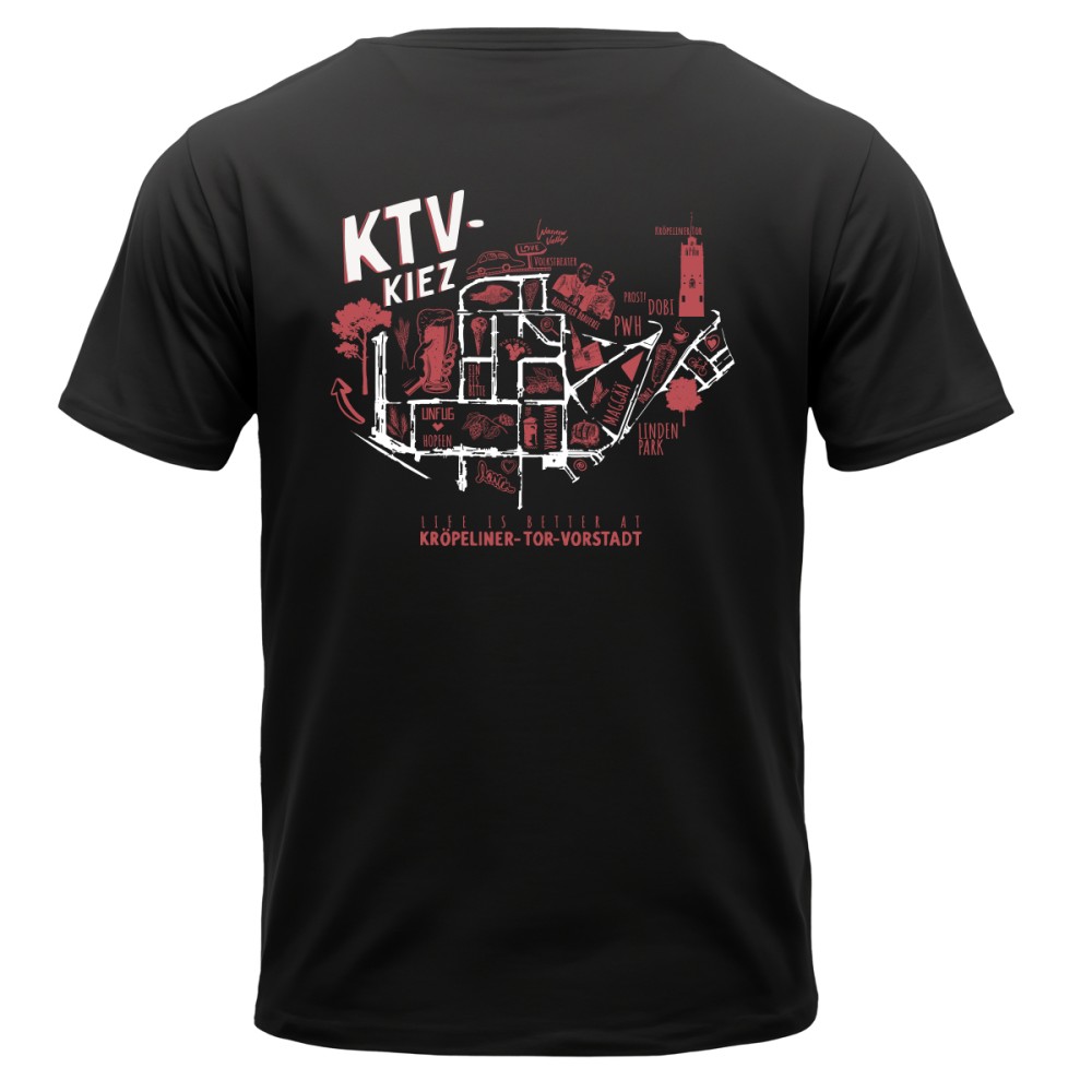 Schwarzes T-Shirt mit roter und weißer Grafik einer Stadt und Schriftzügen.