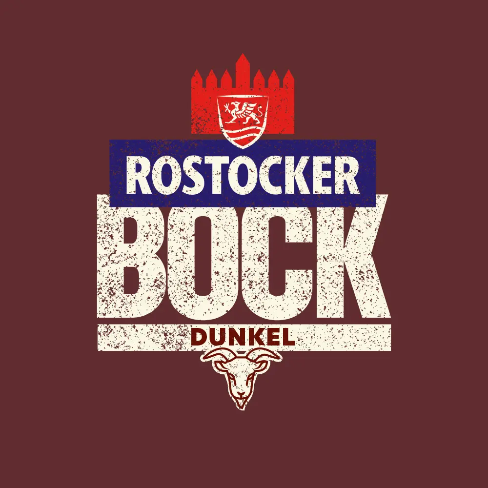 Ein gealtertes grafisches Etikett zeigt einen dunklen Bockbierentwurf mit einem Widderkopf.