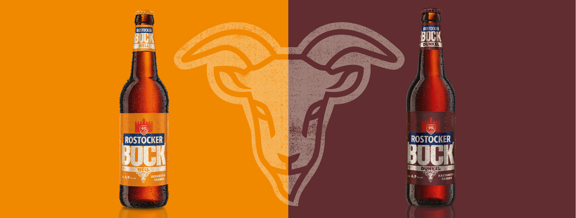 Zwei Bierflaschen stehen vor einem zweifarbigen Hintergrund, begleitet von Text.